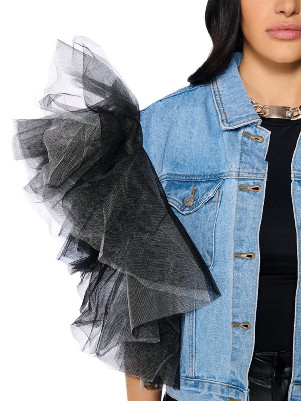 AKIRA Blue Denim Jean Jacket with Black Tulle Ruffled Sleeves - Picture 8 of 11